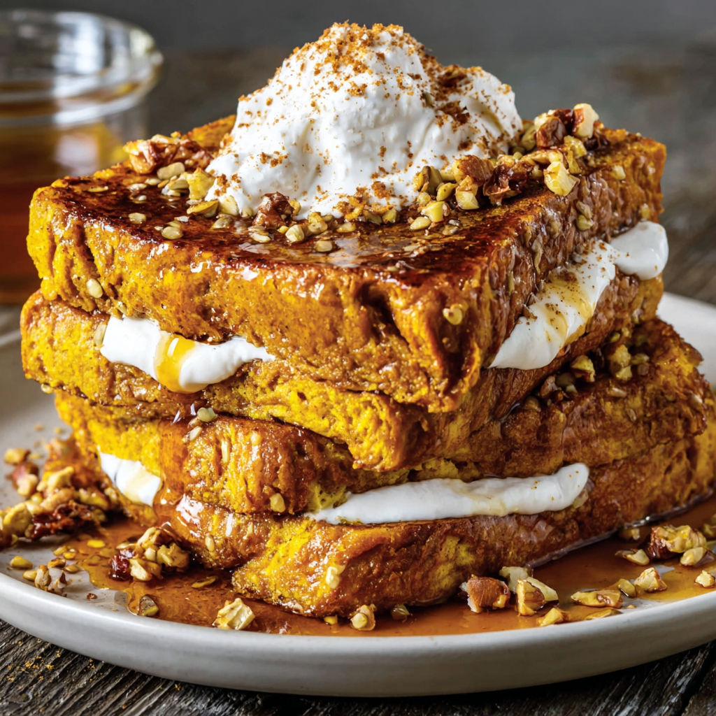 A stack of French toast with whipped cream on top.