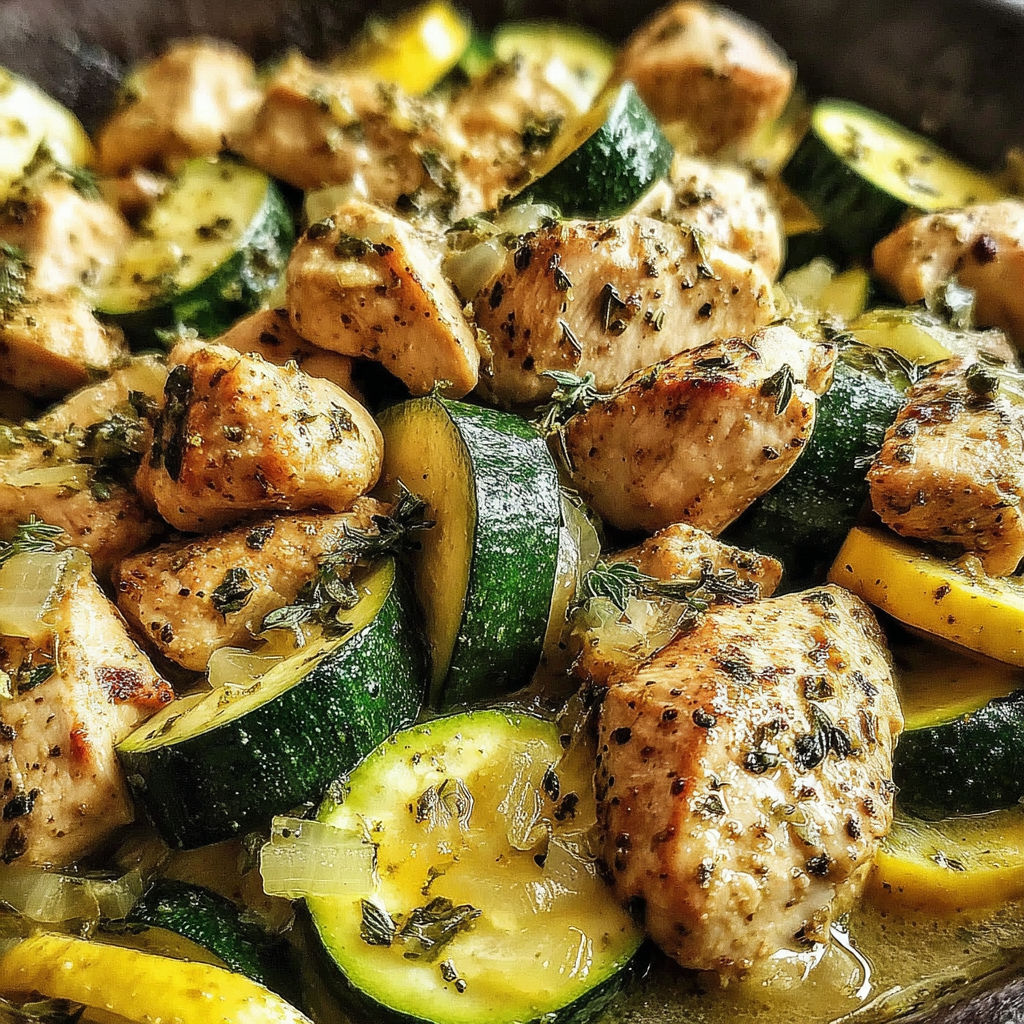 A bowl of food with chicken and zucchini.