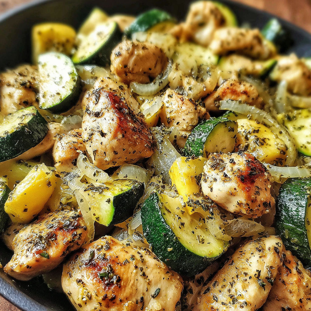 A bowl of food with chicken, zucchini, onions, and peppers.