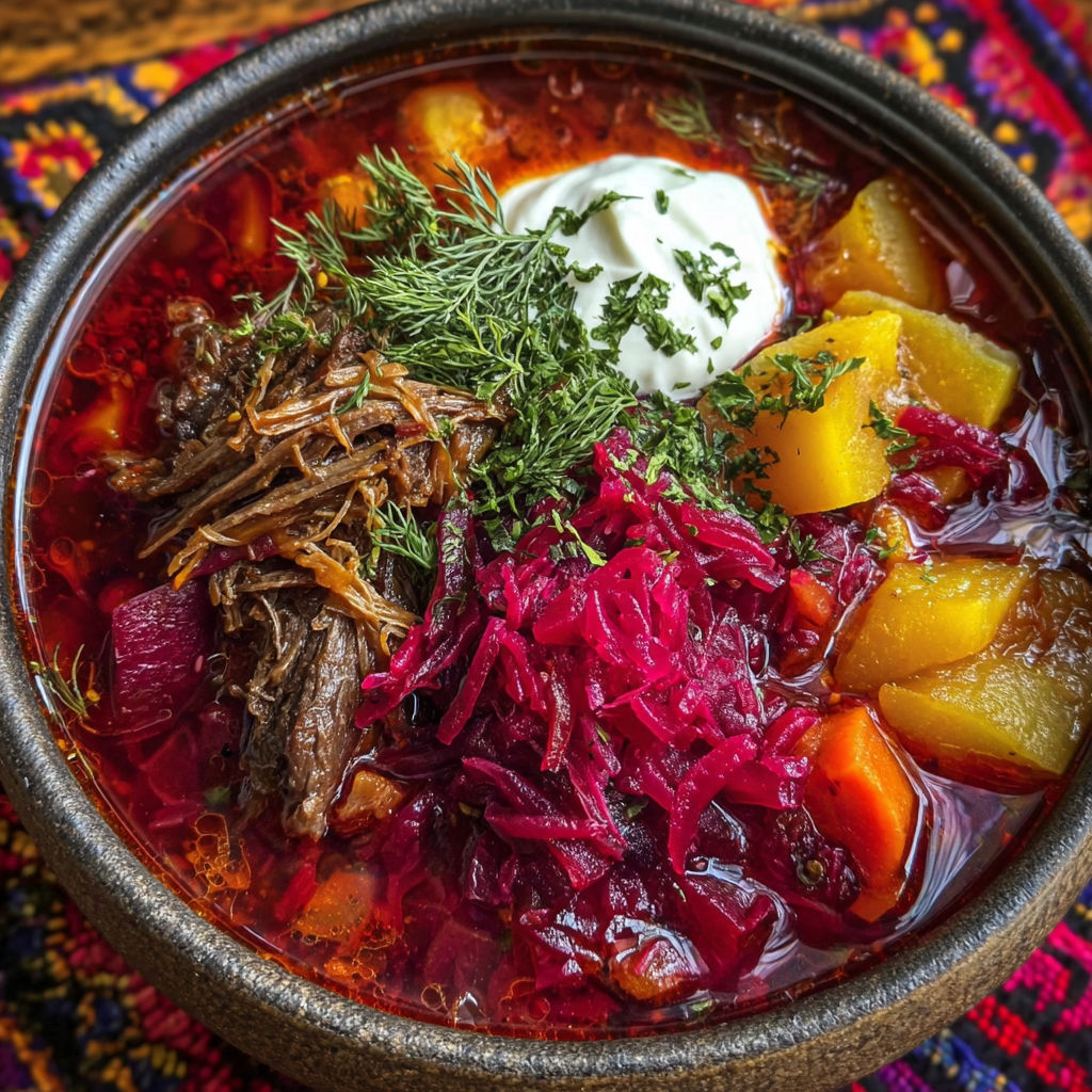 A bowl of authentic Ukrainian borscht soup.