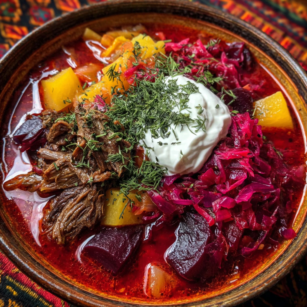 A bowl of beef soup with vegetables.