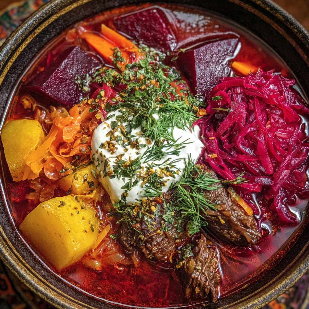 A bowl of soup with meat and vegetables.