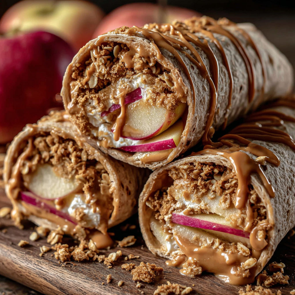 A protein peanut butter apple crunch is displayed on a wooden table.