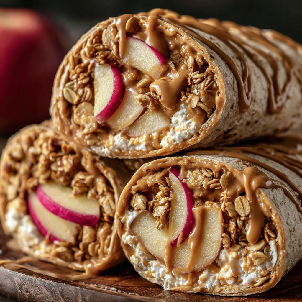 A protein peanut butter apple crunch is displayed on a wooden table.