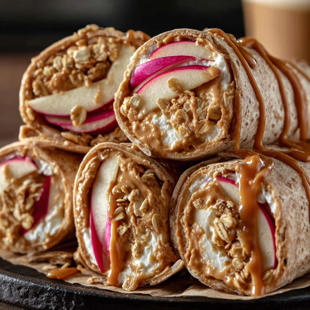 A stack of protein peanut butter apple crunch wraps.