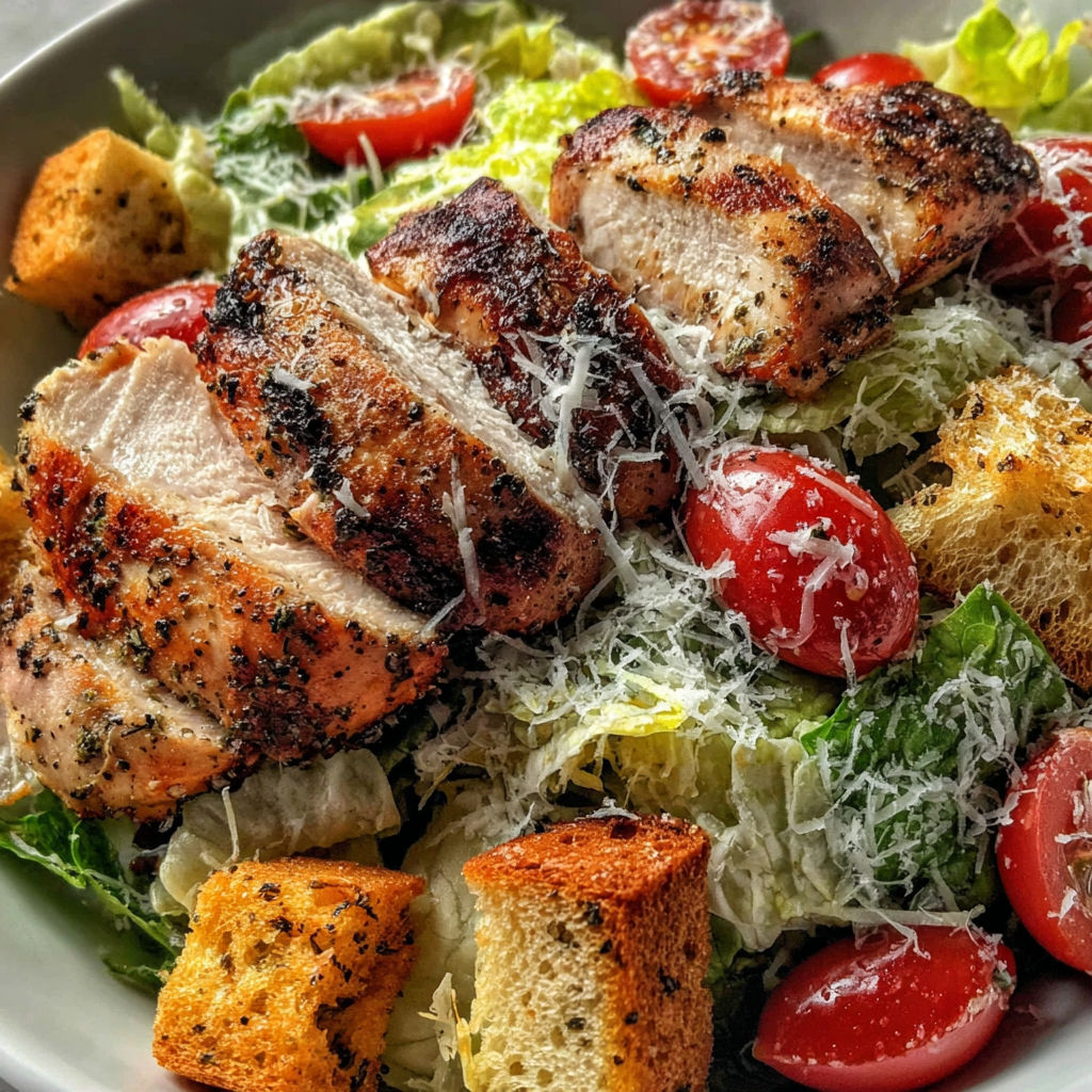 A bowl of grilled chicken Caesar salad.