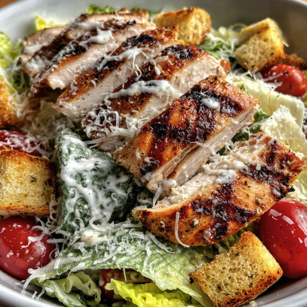 A bowl of salad with chicken and bread.