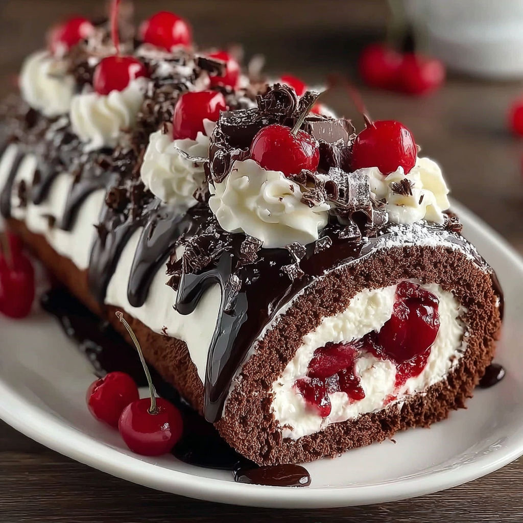 A delicious chocolate cake roll with white frosting and cherries.