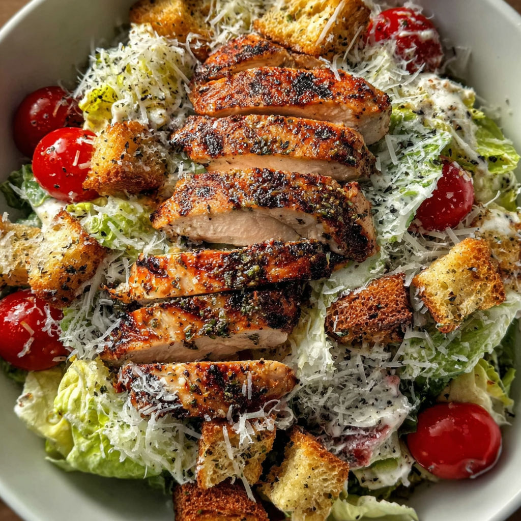 A bowl of salad with chicken and bread.