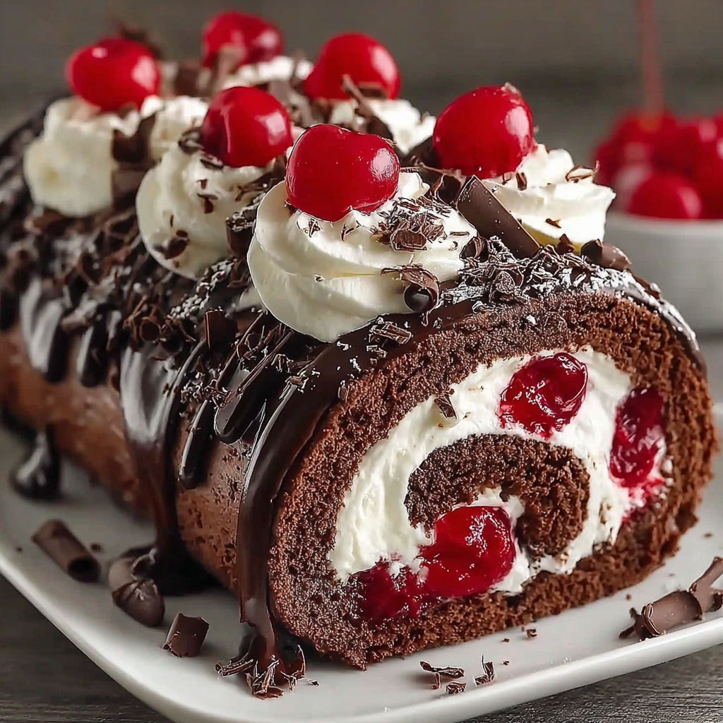 A chocolate cake roll with white frosting and cherries.