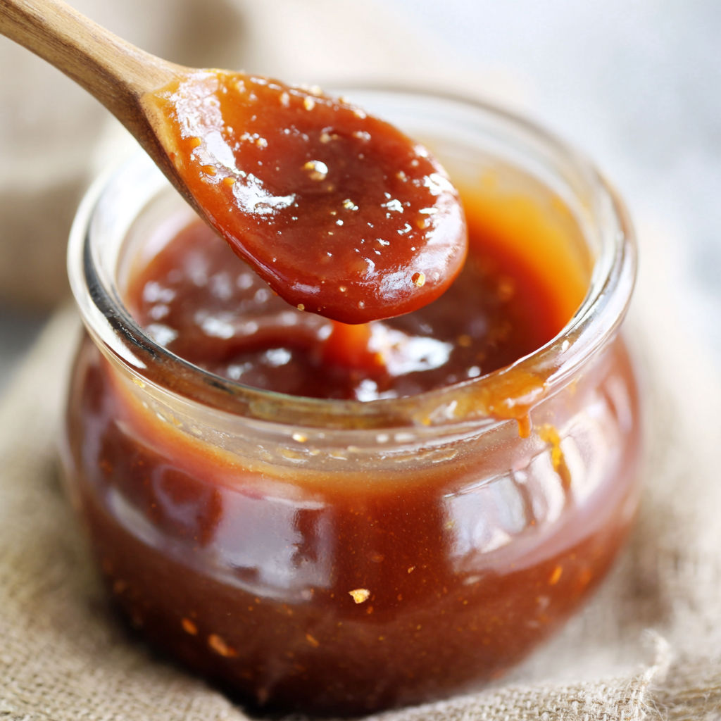 A wooden spoon is in a jar of sauce.