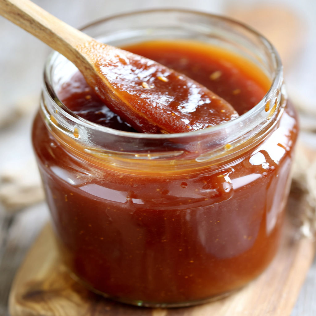 A jar of honey with a wooden spoon in it.