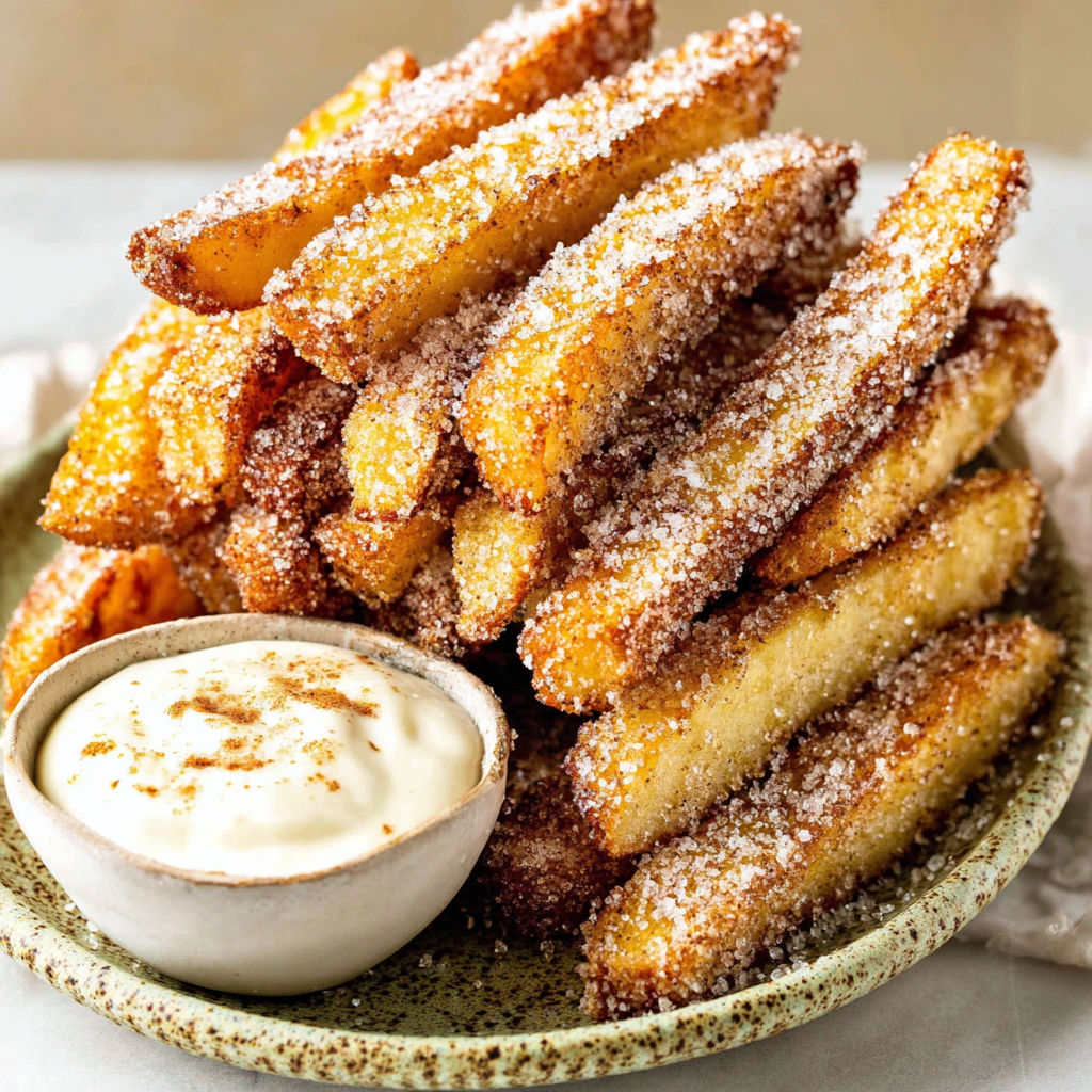 A plate of fried food with a bowl of vanilla icing.