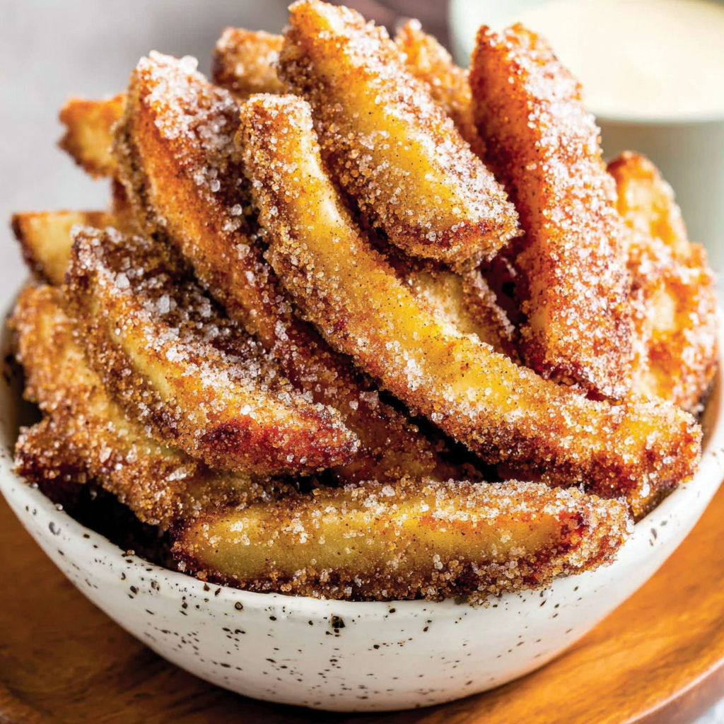 A bowl of fried food with cinnamon sugar and vanilla icing.