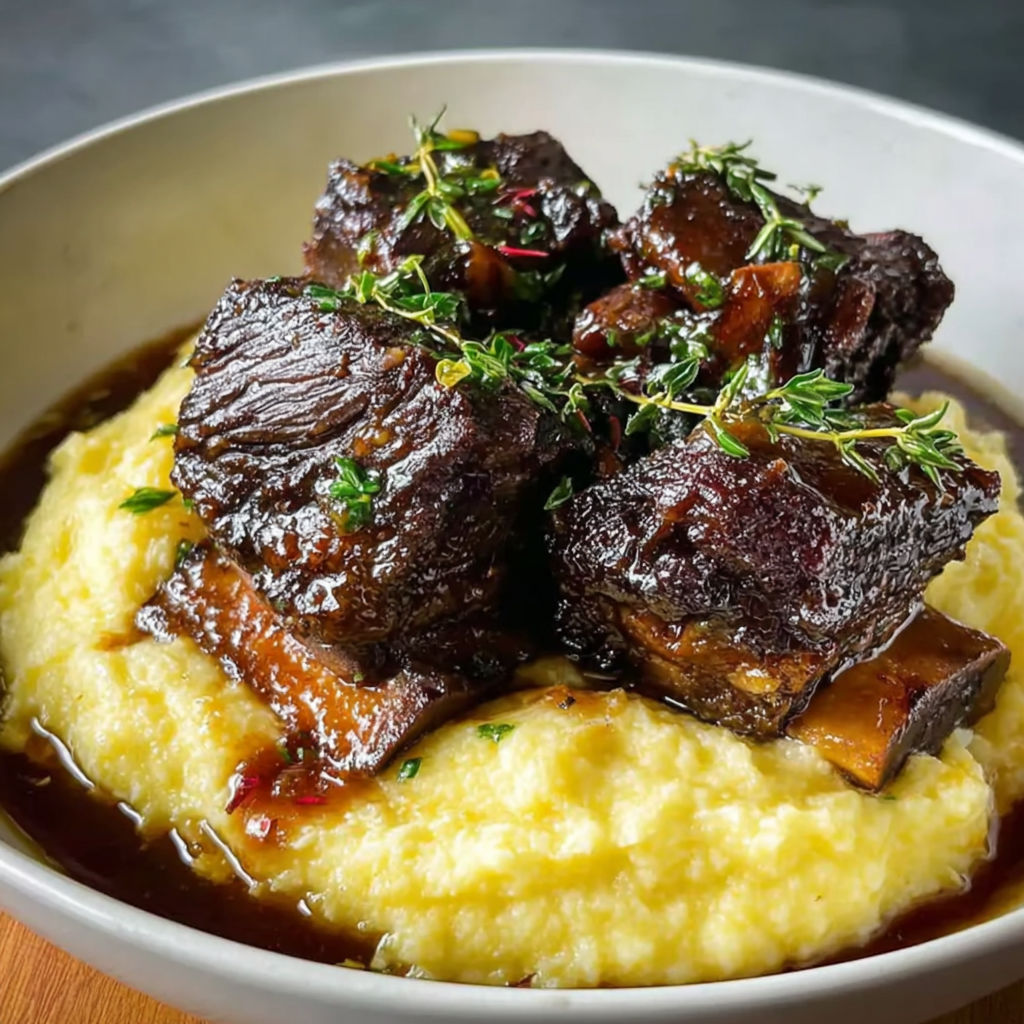 A bowl of mashed potatoes with meat on top.