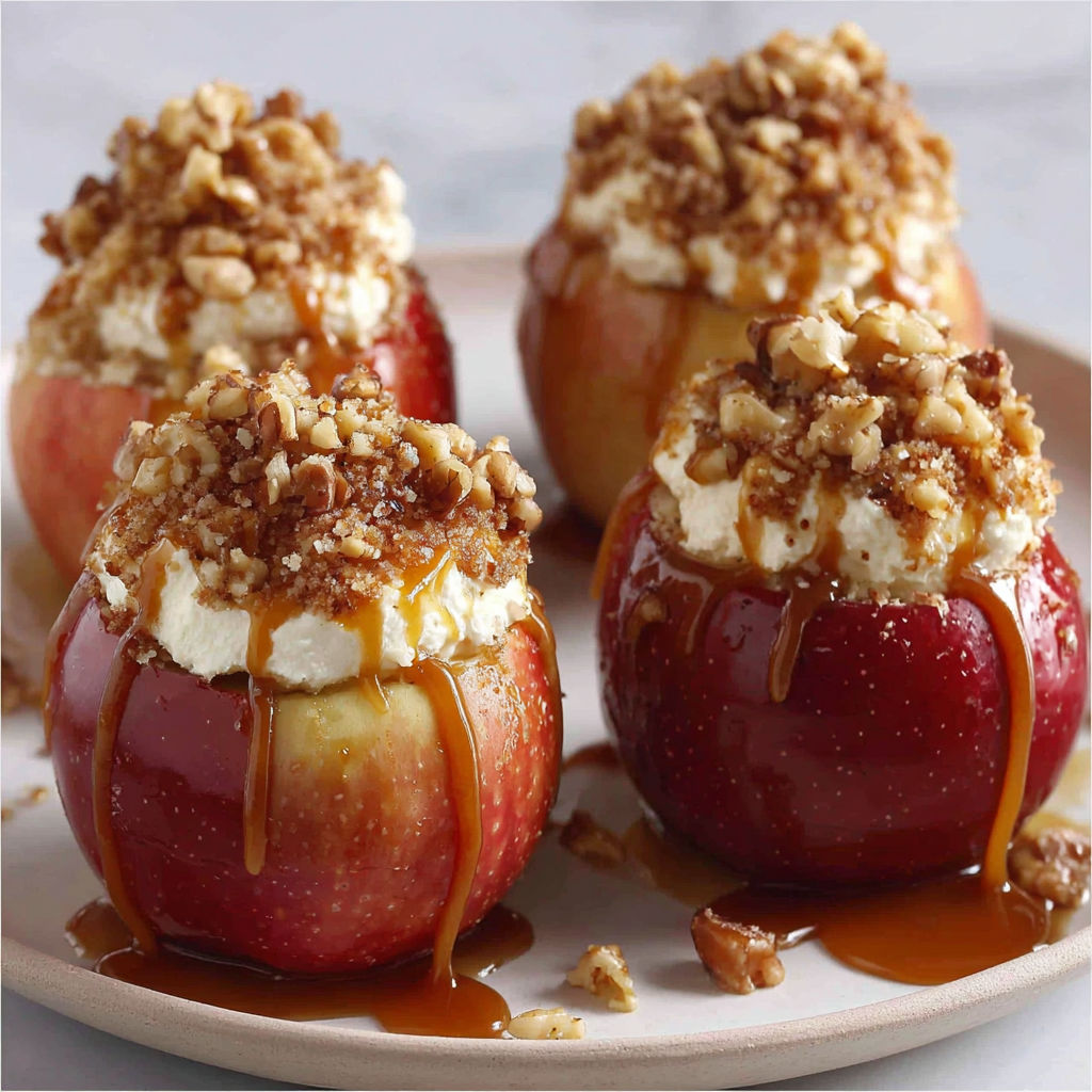 Three apples with caramel and walnuts on a plate.