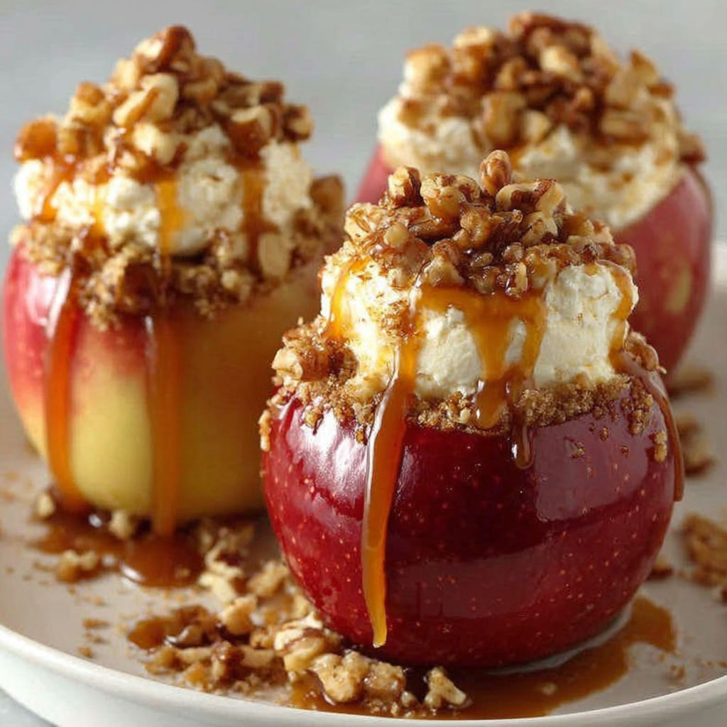 Three apples with caramel and walnuts on a plate.