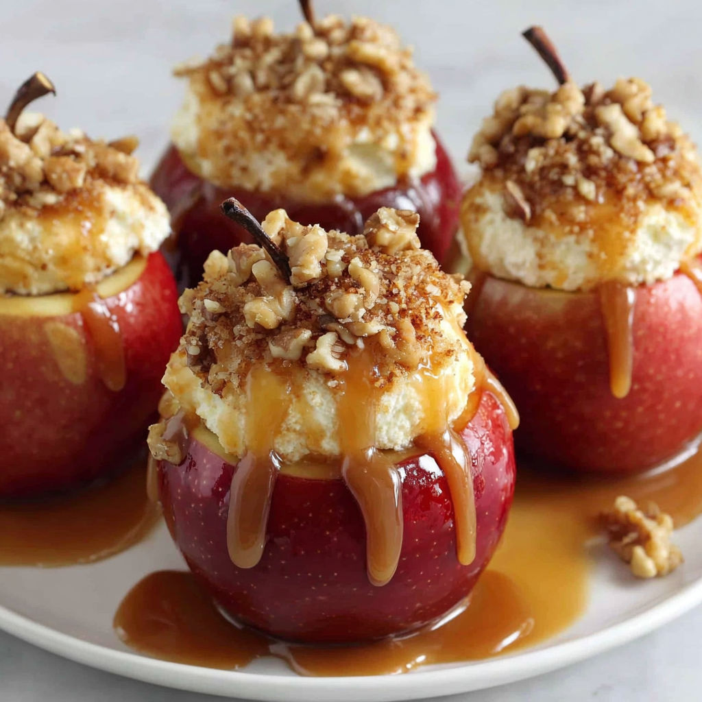 Four apples with caramel and walnuts on top.