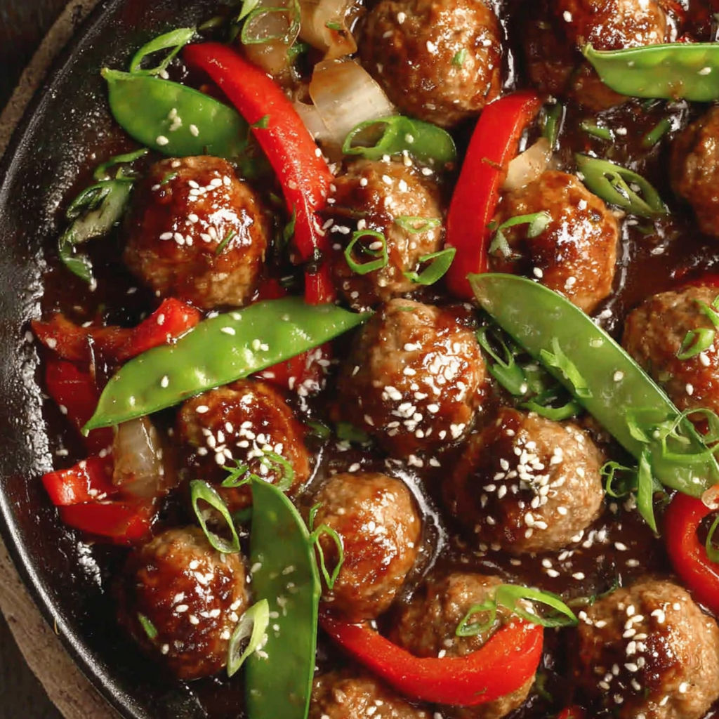 A plate of meatballs with a sweet and savory sauce.