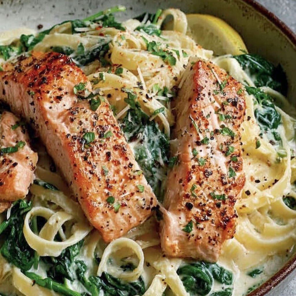 A bowl of pasta with salmon and spinach.