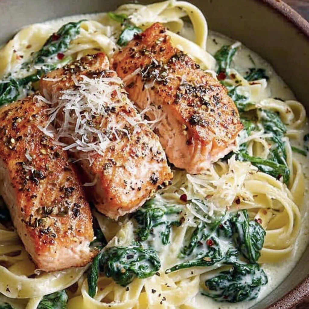 A bowl of food with salmon, spinach, and pasta.