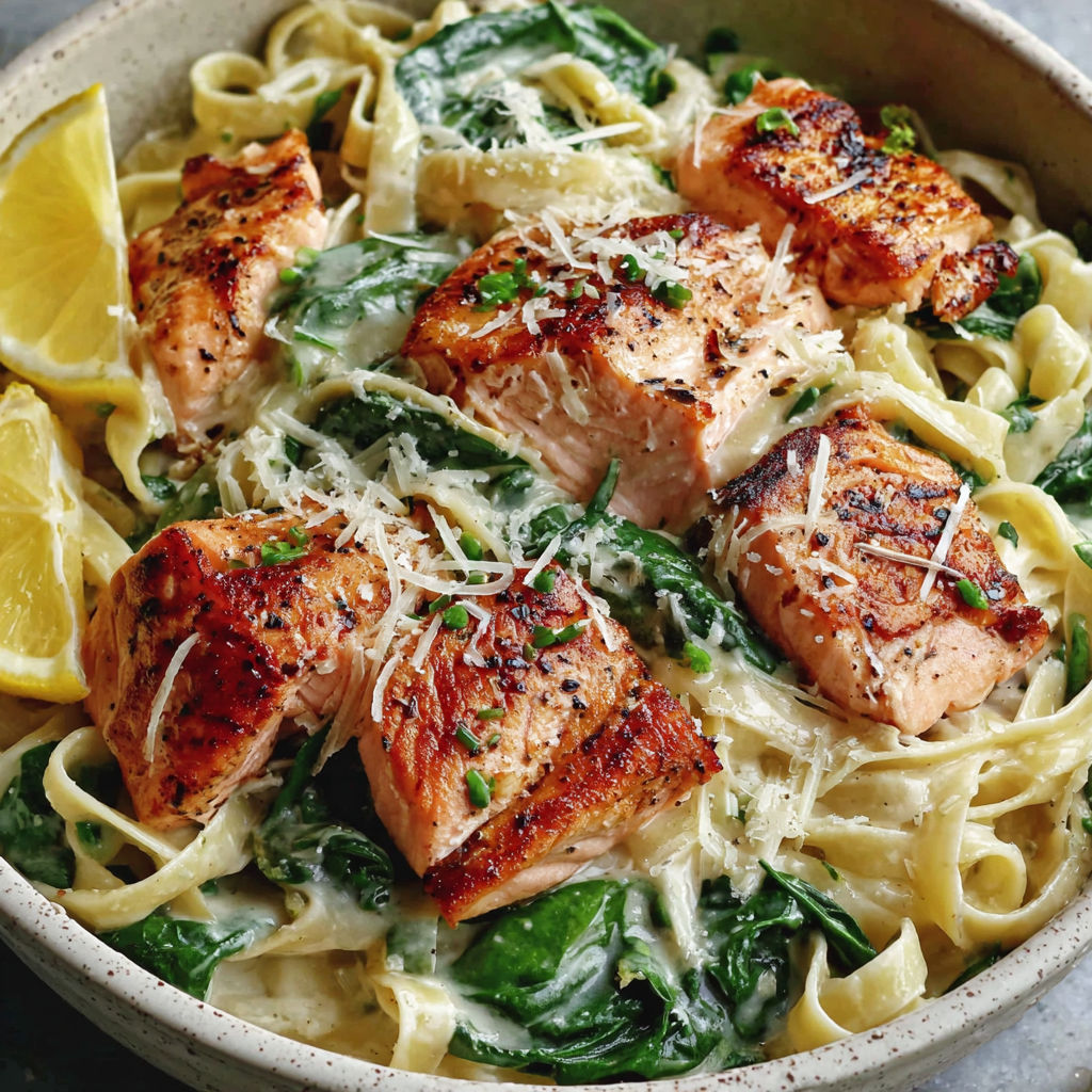 A bowl of pasta with salmon and spinach.