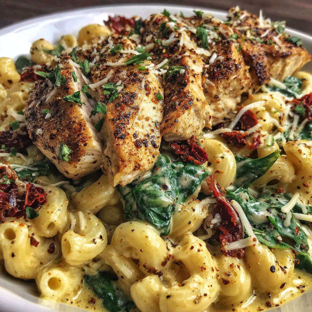 A plate of food with chicken, pasta, and vegetables.
