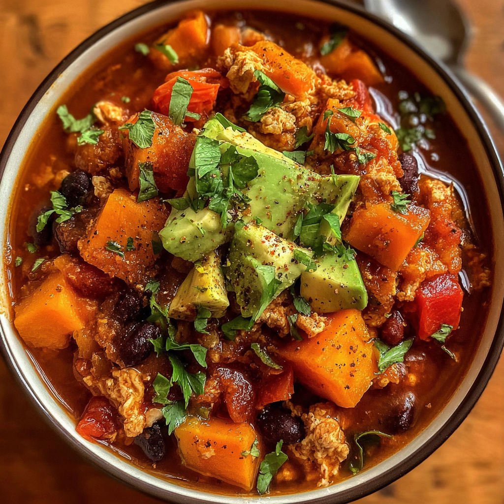 A bowl of chili with a spoon in it.