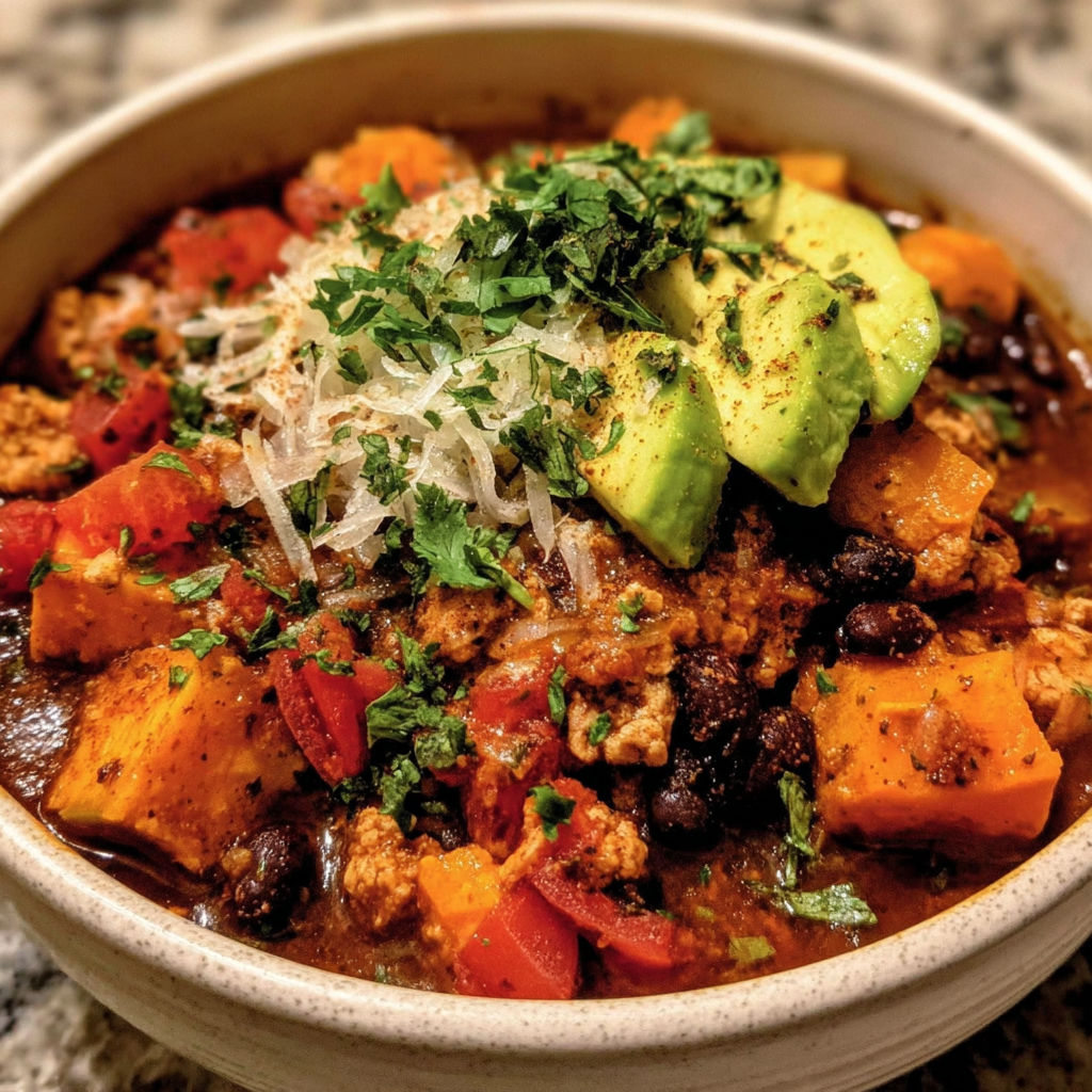 A bowl of Turkey Sweet Potato Chili.