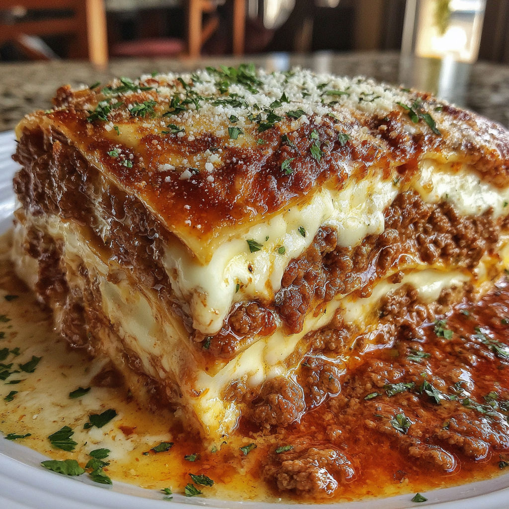 A plate of lasagna with cheese and meat.