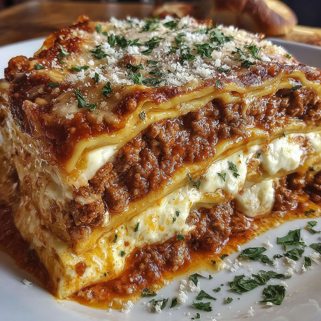 A plate of lasagna with white cheese on top.