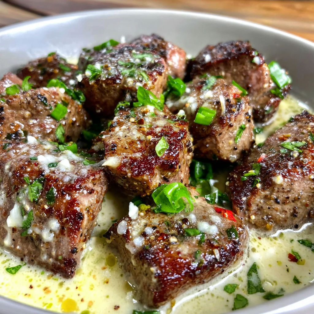 A bowl of meat with cheese and herbs.