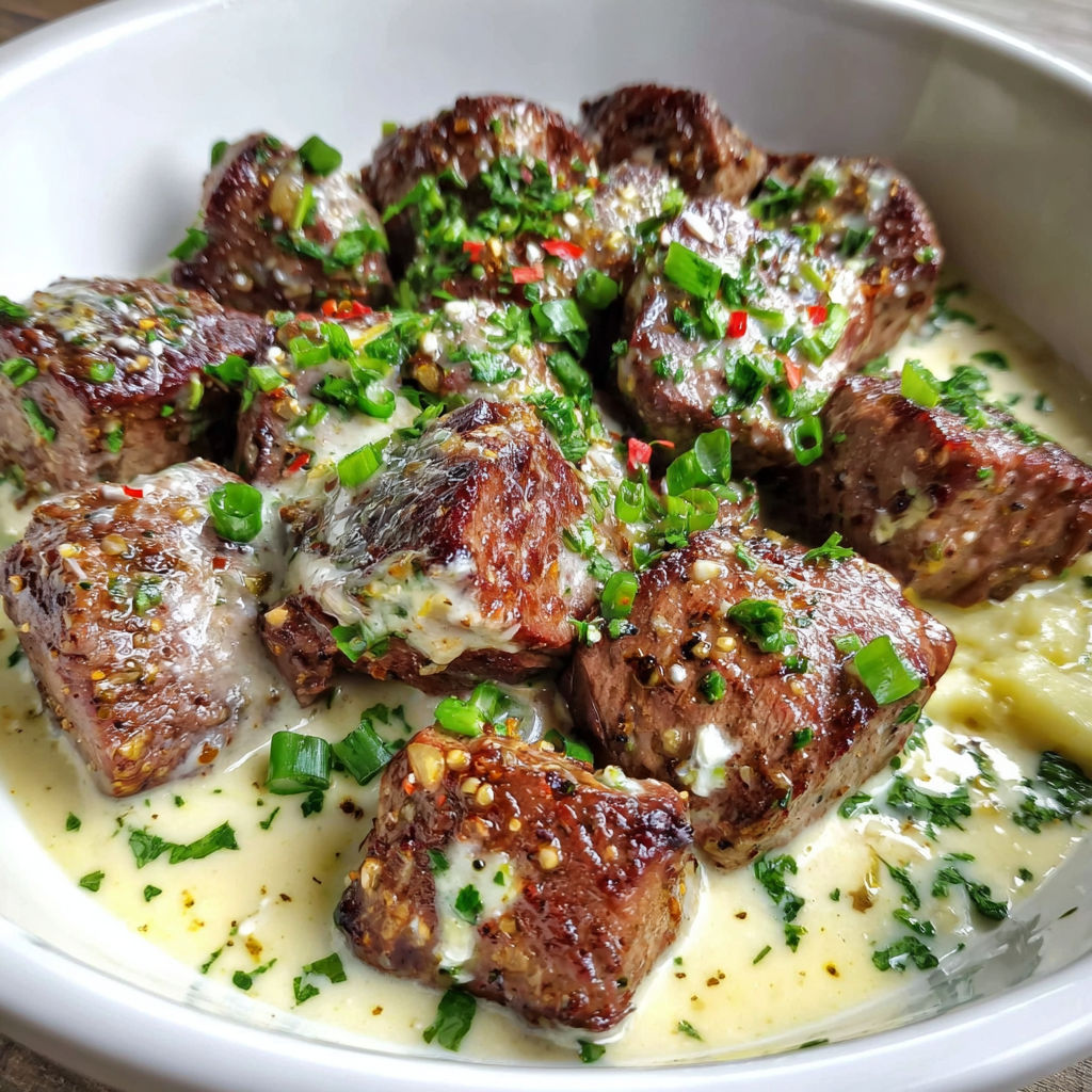 A bowl of meat with a white sauce.