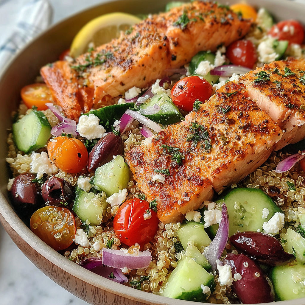 A bowl of Greek Salmon Quinoa Salad.
