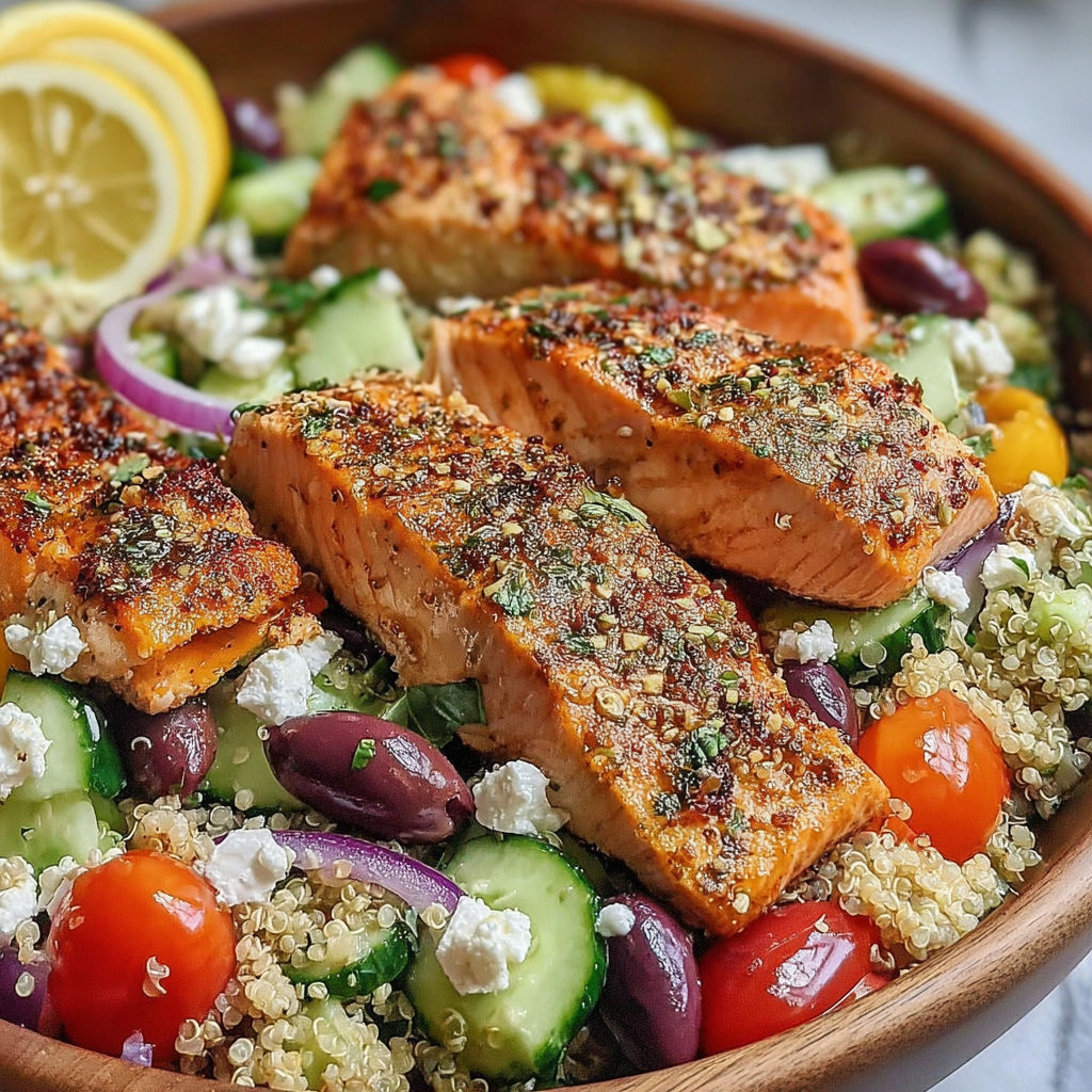 A bowl of food with salmon, cucumbers, tomatoes, and olives.