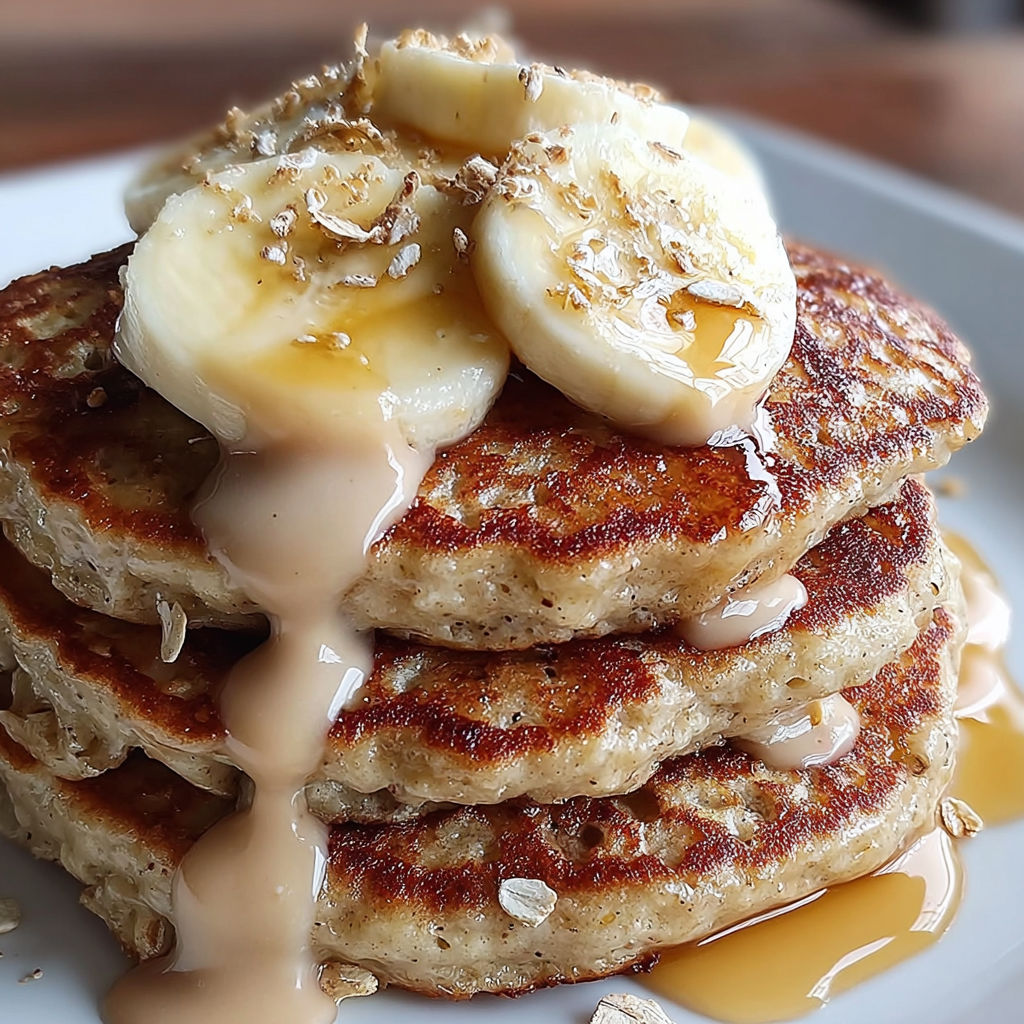 Banana oat pancakes stacked on a plate.