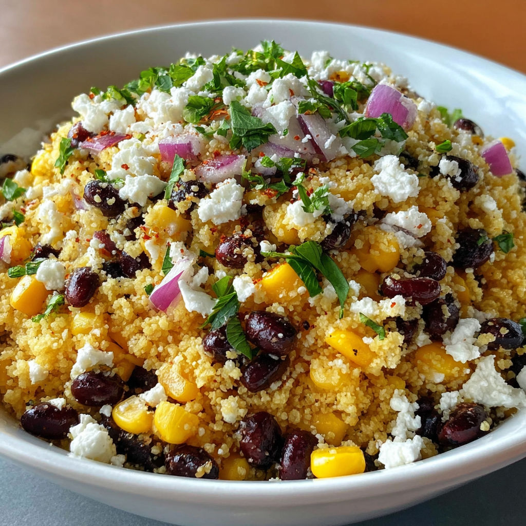 A bowl of couscous, black beans, corn, and feta.