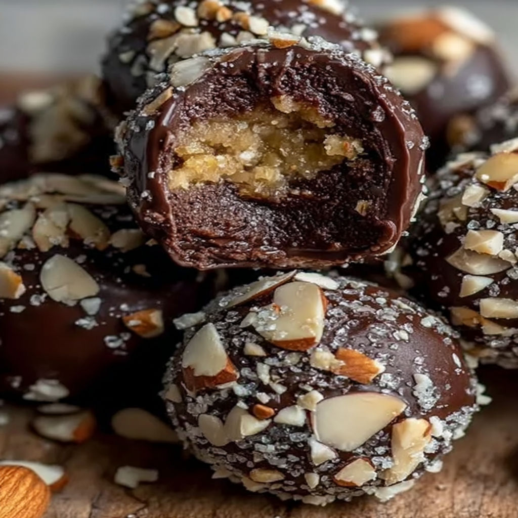 Chocolate covered almonds on a table.
