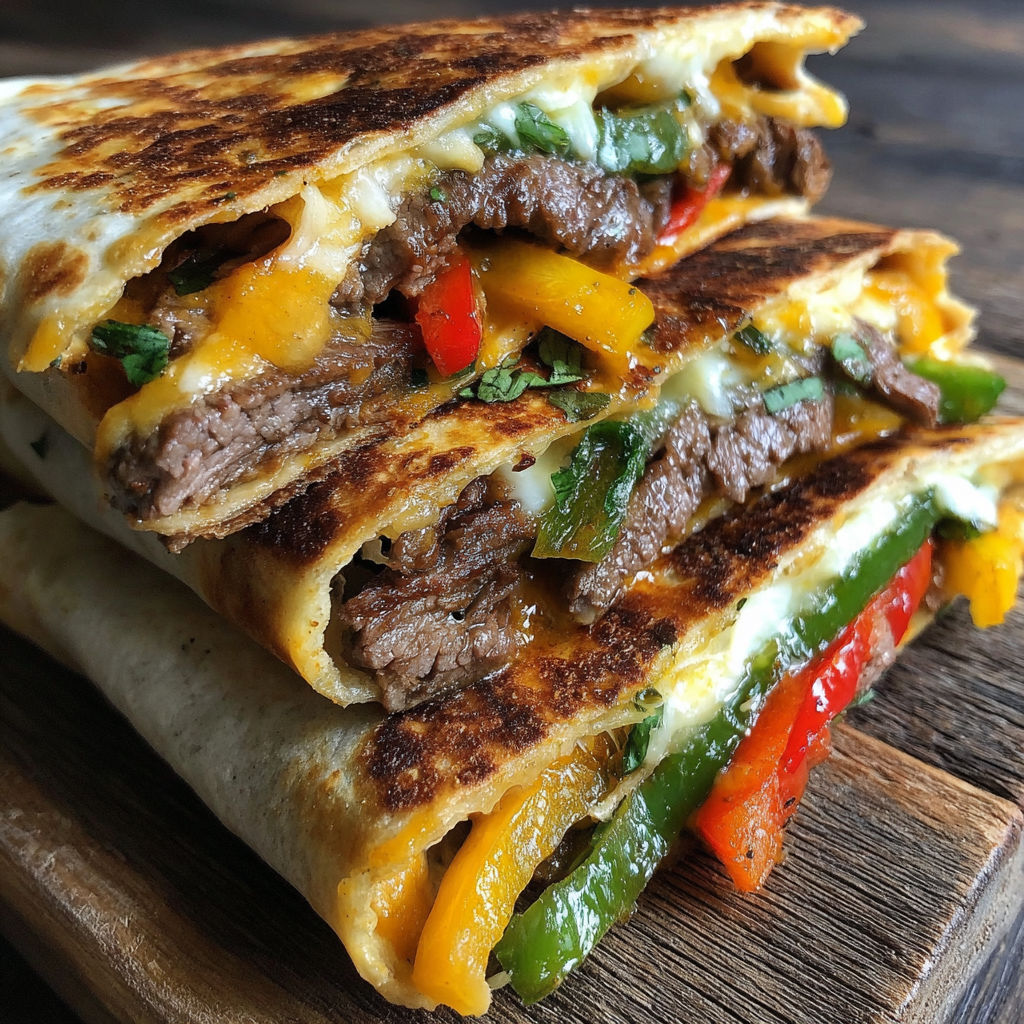 A crispy steak wrap with cheese and peppers.
