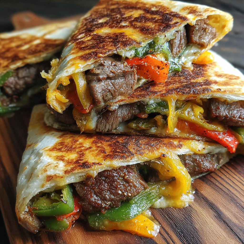 A burrito with meat and peppers on a wooden table.