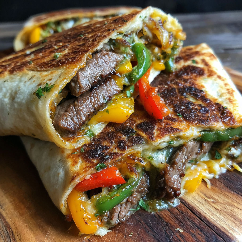 A burrito with meat, peppers, and cheese.