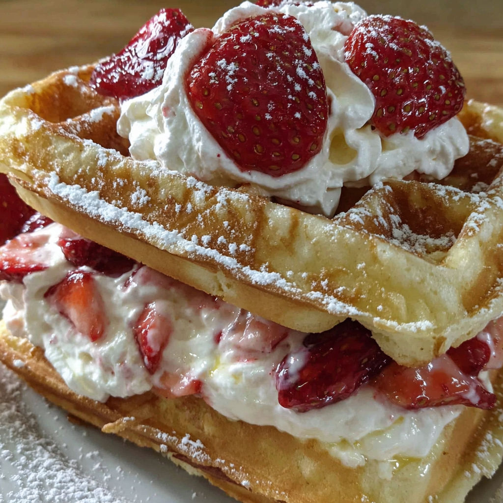 A stack of waffles with strawberries and whipped cream on top.