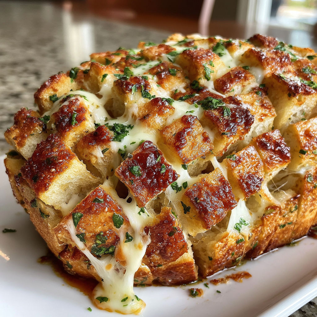 A cheesy garlic pull-apart bread on a plate.