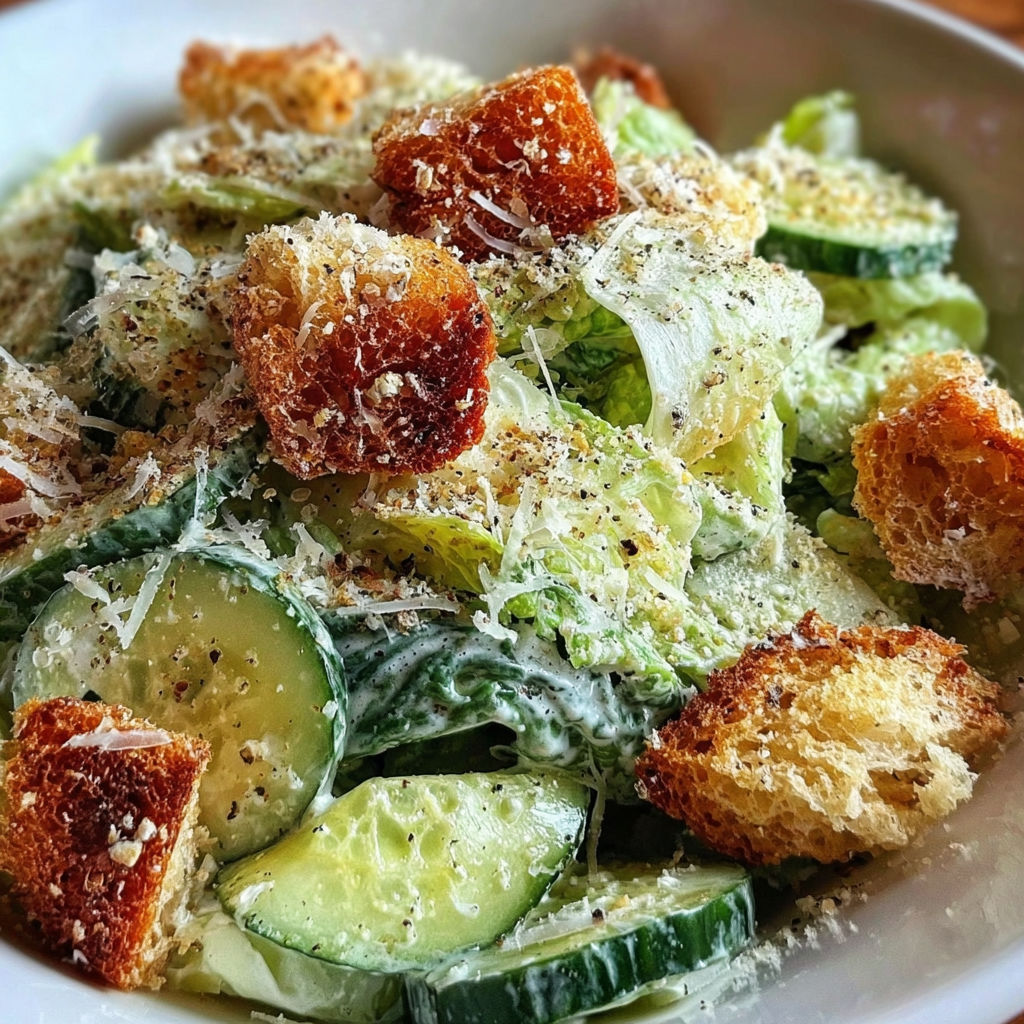 A bowl of salad with bread croutons and cheese.