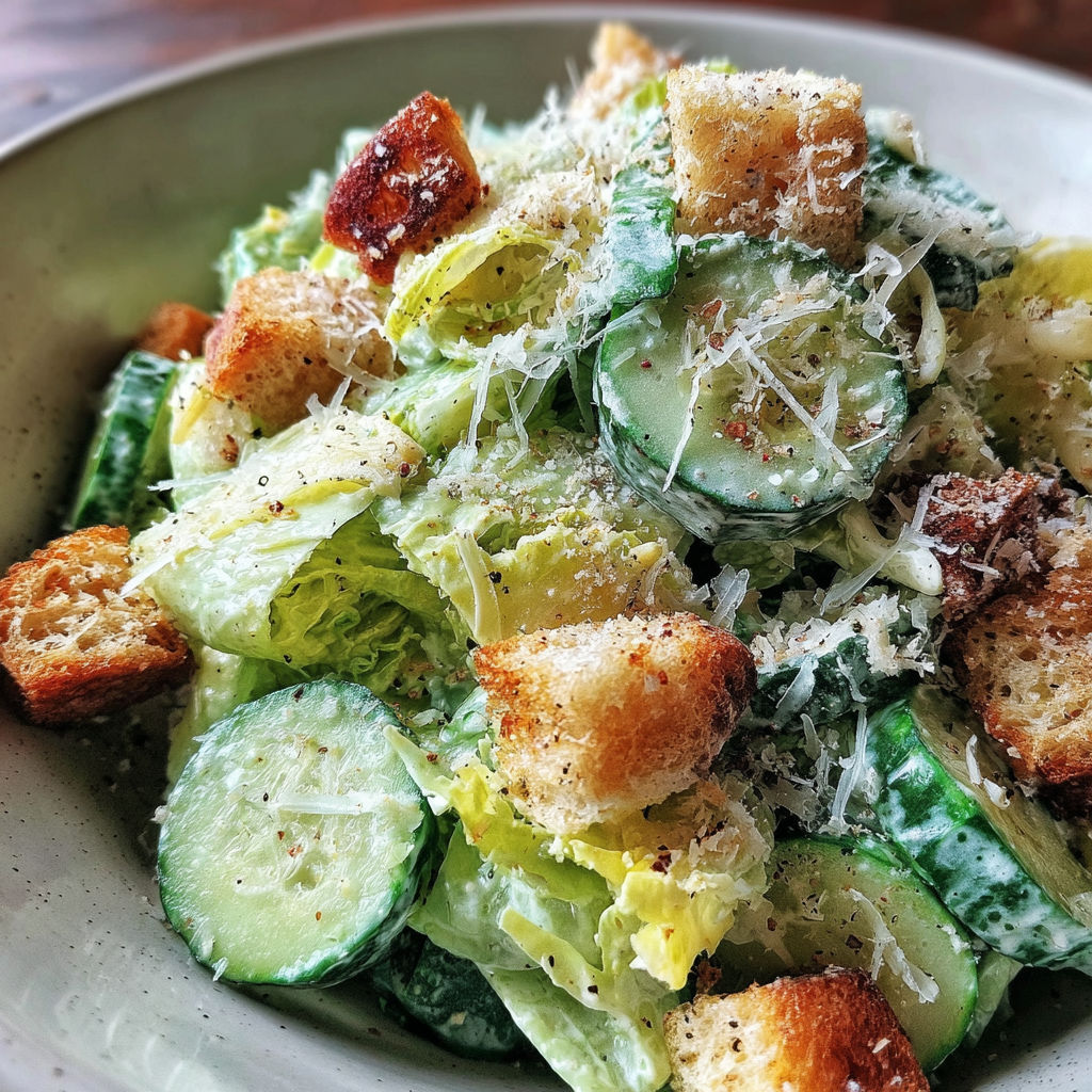 A bowl of salad with bread croutons and cheese.