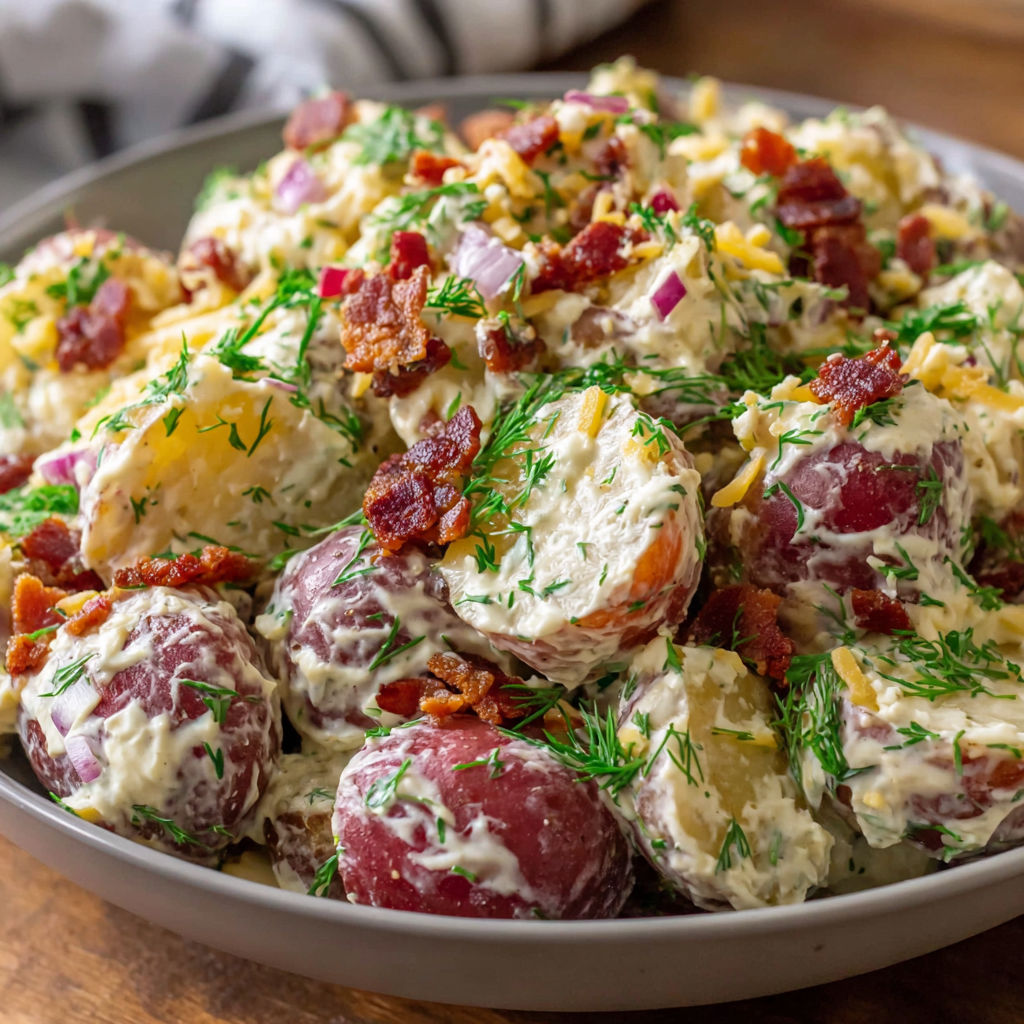 A bowl of food with bacon and potatoes.