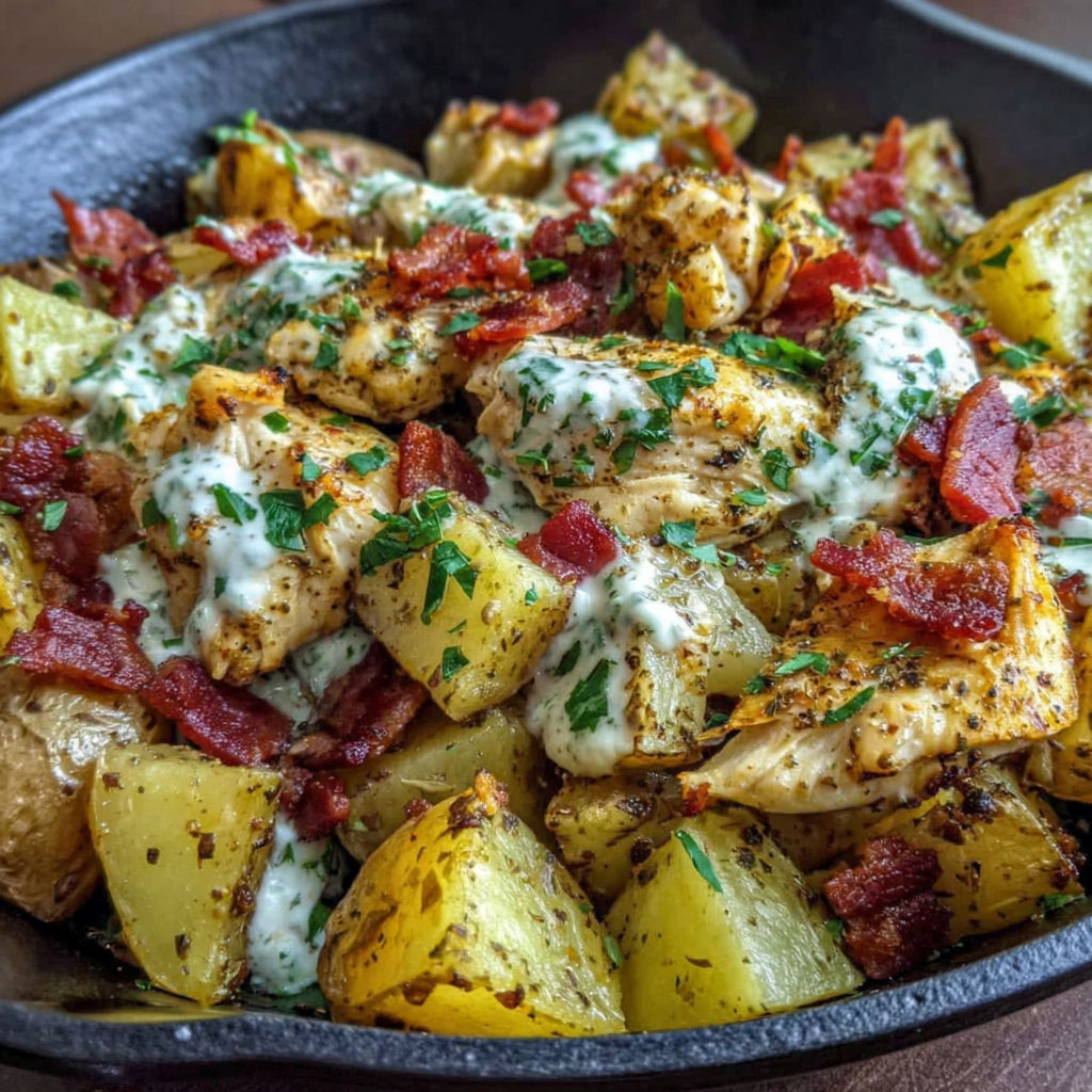 A dish of chicken, turkey, bacon, and potatoes.
