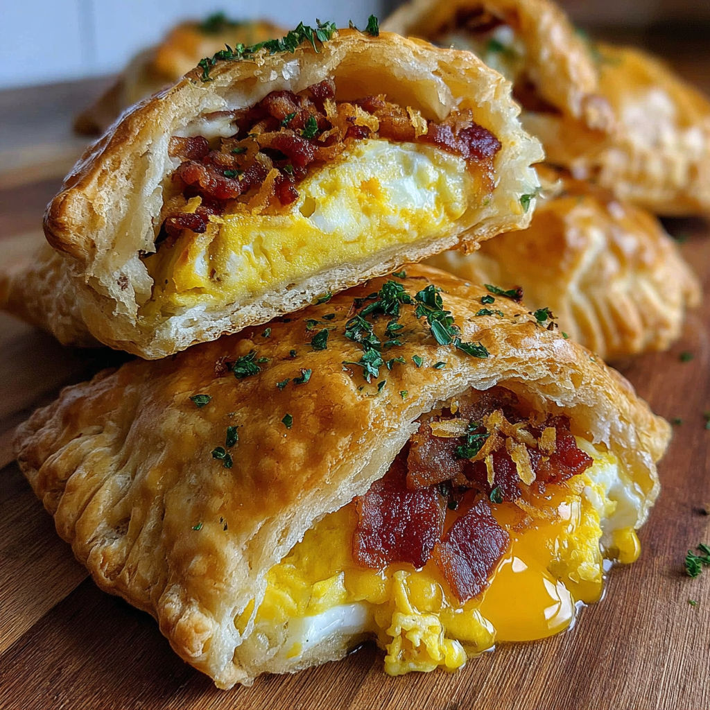 A breakfast hand pie with bacon and egg.