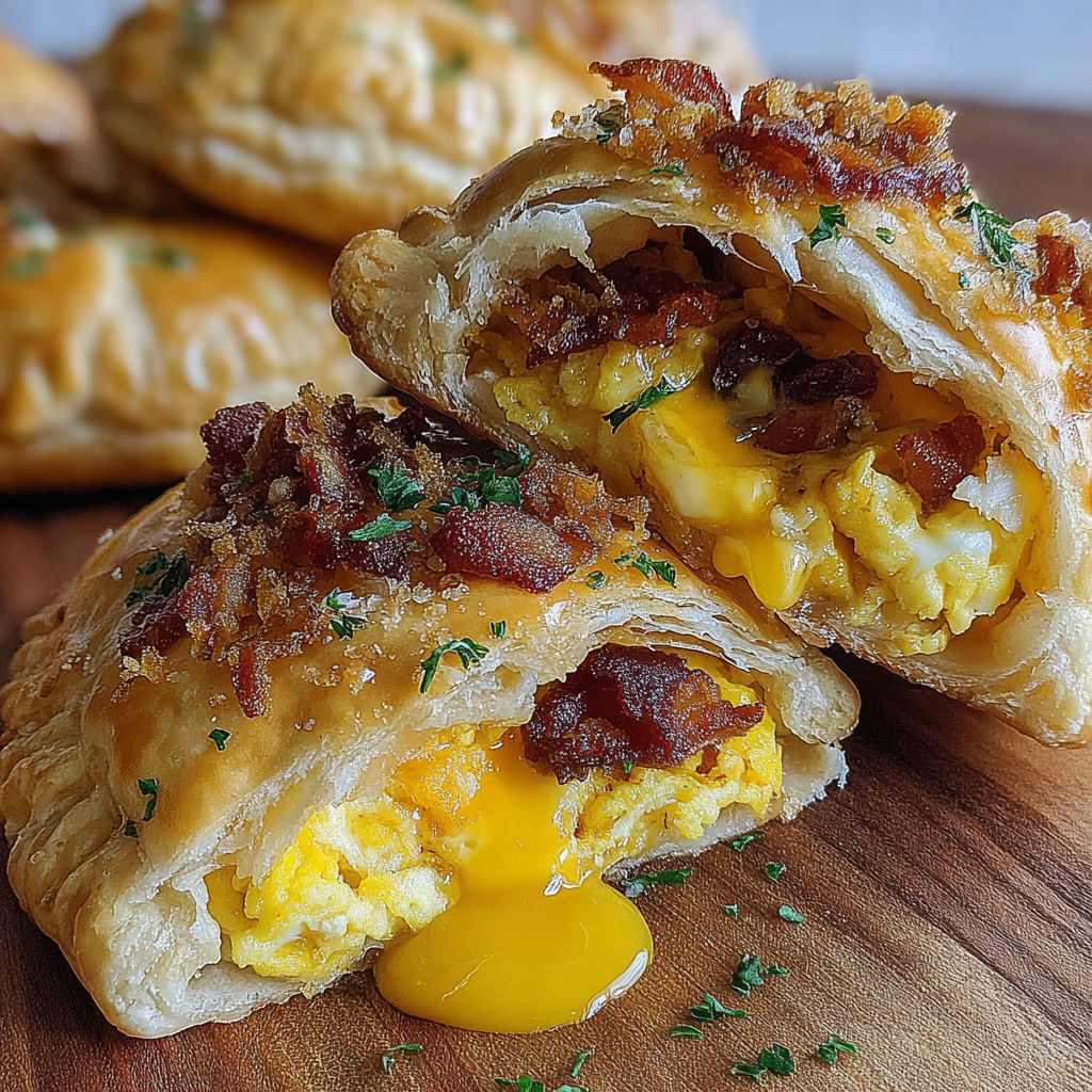 A breakfast hand pie with bacon and egg filling.