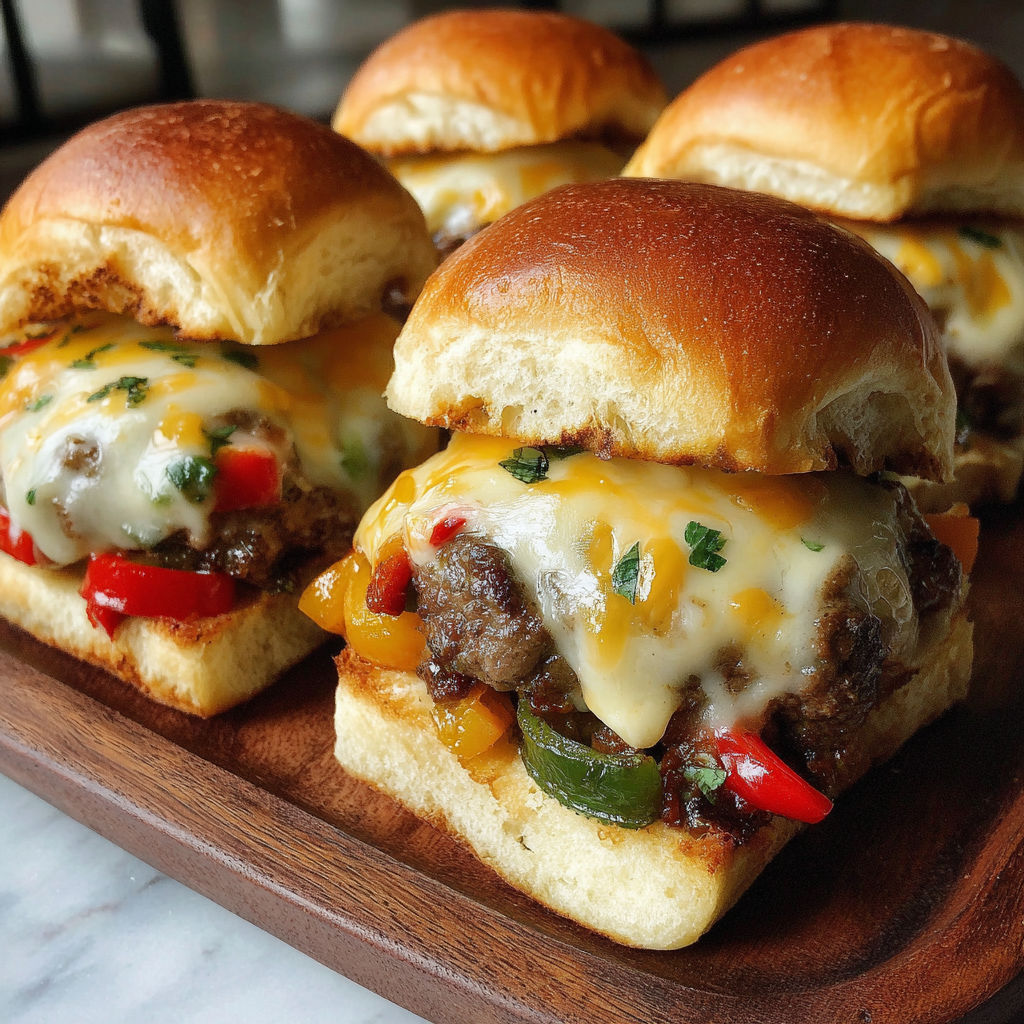 Four cheeseburger sliders with queso.